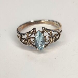 Sterling Silver 925 Blue Oval Topaz December Birthstone Ring Double Heart Size 7